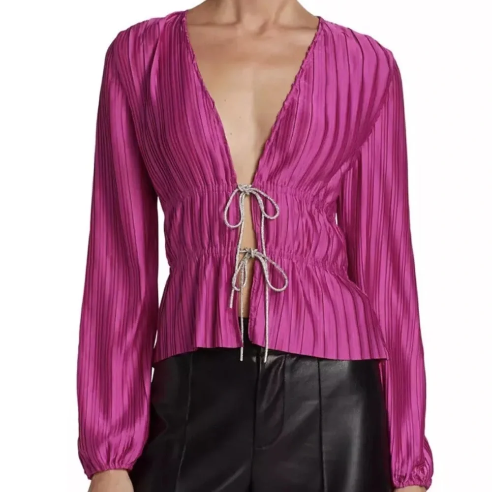 WAYF Payton Pink Tie Front Top Long Sleeve Blouse Women's Cardigan Rhinestone - Picture 7 of 16